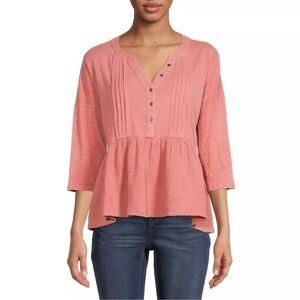 NWT Time and Tru 3/4 Sleeve Mixed Media Peplum Top Coral/Pink Size Small